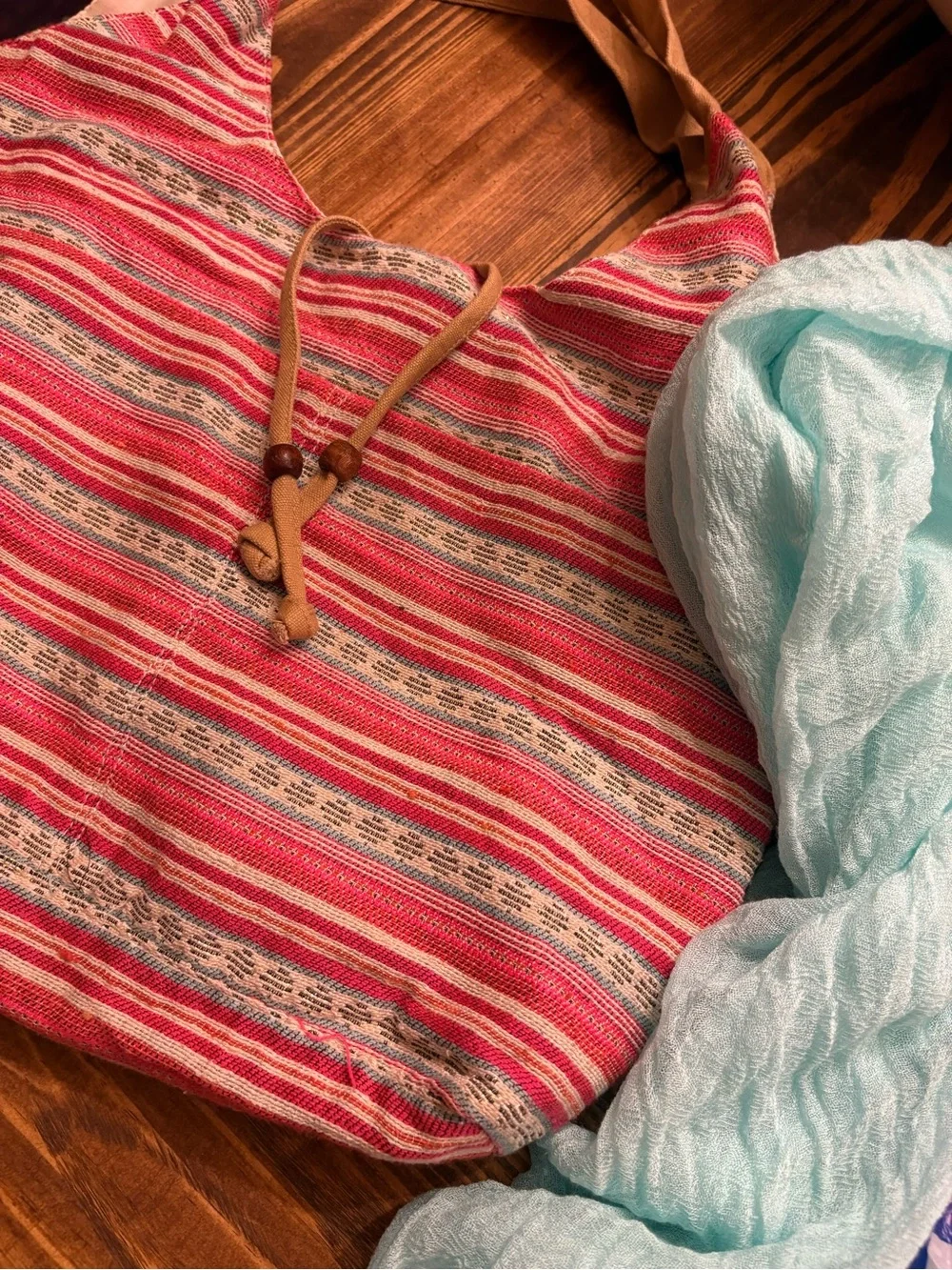 Striped Pink Canvas Shoulder Bag with Tan Accents